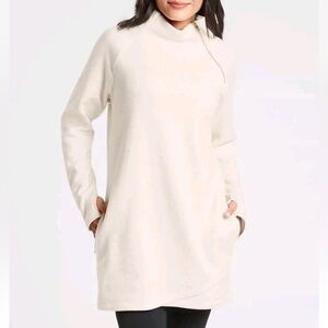 Athleta heather cream Cozy Karma Asym Sweatshirt Dress. Zipper pockets. M